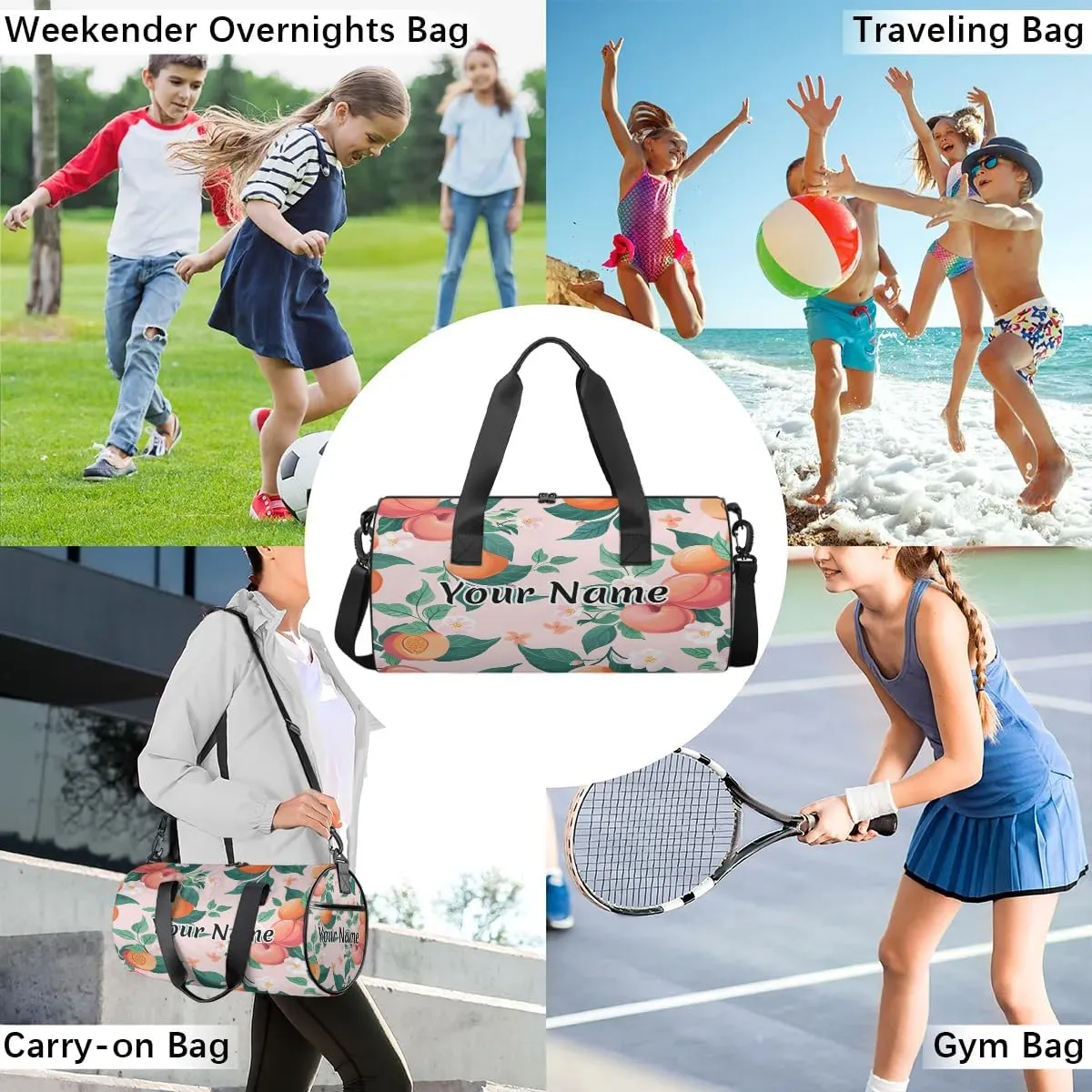 Personalized Duffel Bag for Women, Custom Fruits Peaches Gym Bag for Sports, Waterproof Dance Bag with Name, Lightweight Carryon Gym Bag, Peach Flower