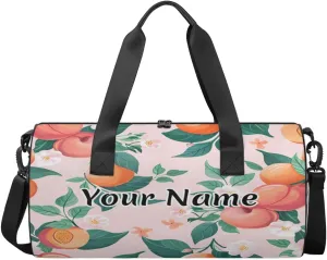 Personalized Duffel Bag for Women, Custom Fruits Peaches Gym Bag for Sports, Waterproof Dance Bag with Name, Lightweight Carryon Gym Bag, Peach Flower