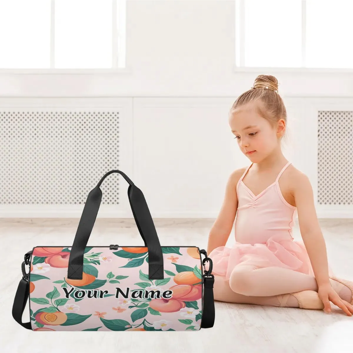 Personalized Duffel Bag for Women, Custom Fruits Peaches Gym Bag for Sports, Waterproof Dance Bag with Name, Lightweight Carryon Gym Bag, Peach Flower