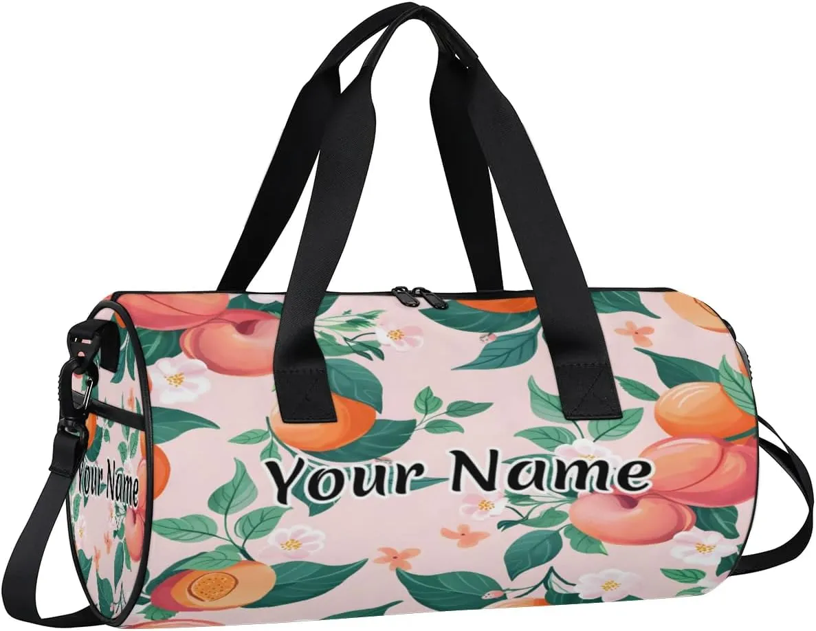 Personalized Duffel Bag for Women, Custom Fruits Peaches Gym Bag for Sports, Waterproof Dance Bag with Name, Lightweight Carryon Gym Bag, Peach Flower