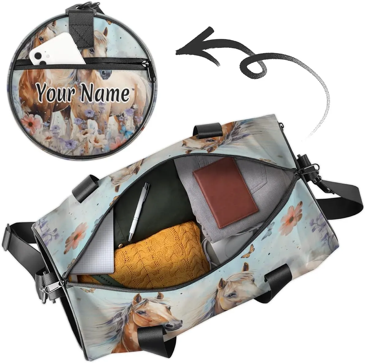 Personalized Duffel Bag for Women, Custom Horses Gym Bag for Sports, Waterproof Dance Bag with Name, Lightweight Carryon Gym Bag, Western Farm Animal