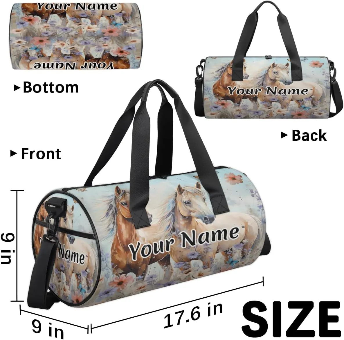Personalized Duffel Bag for Women, Custom Horses Gym Bag for Sports, Waterproof Dance Bag with Name, Lightweight Carryon Gym Bag, Western Farm Animal