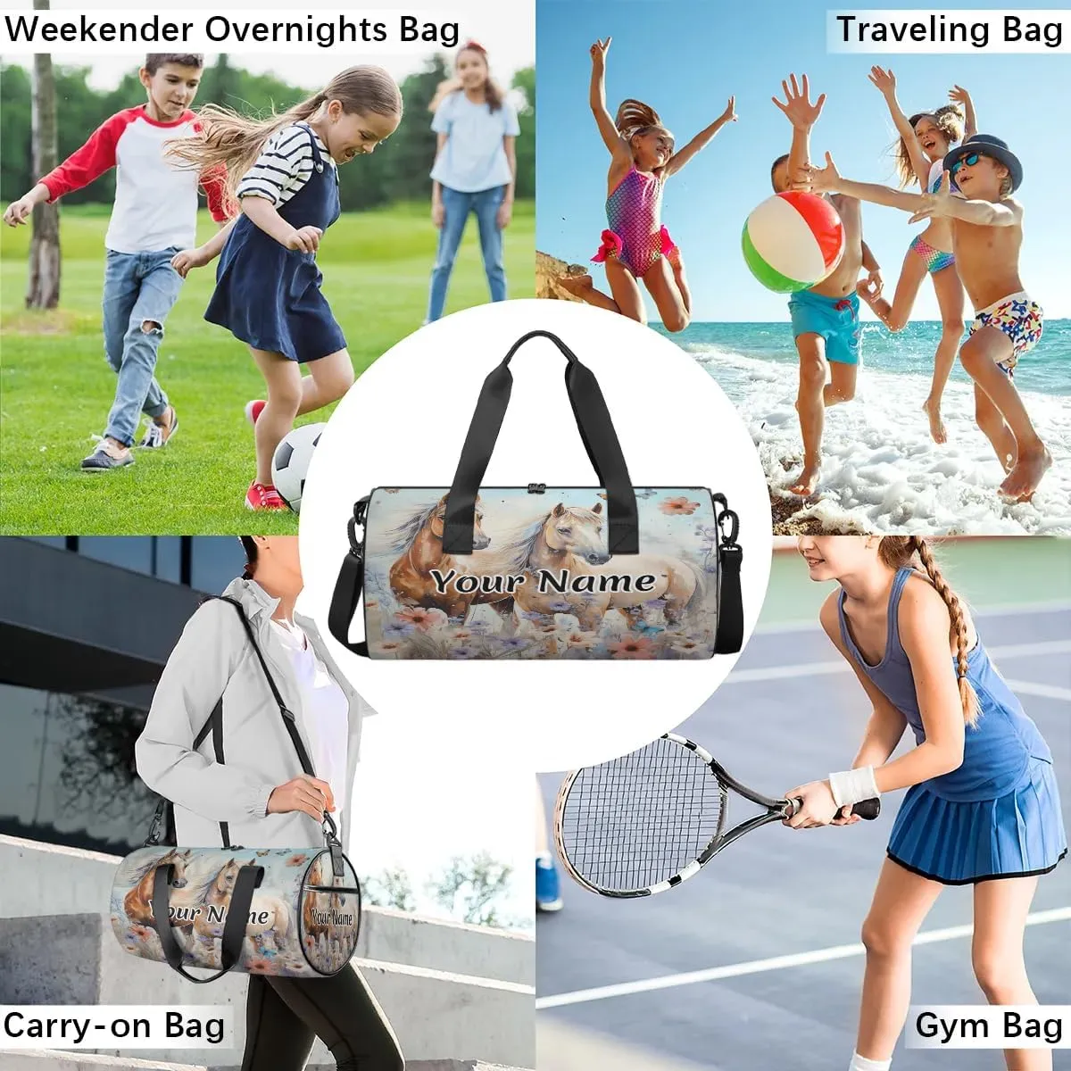 Personalized Duffel Bag for Women, Custom Horses Gym Bag for Sports, Waterproof Dance Bag with Name, Lightweight Carryon Gym Bag, Western Farm Animal