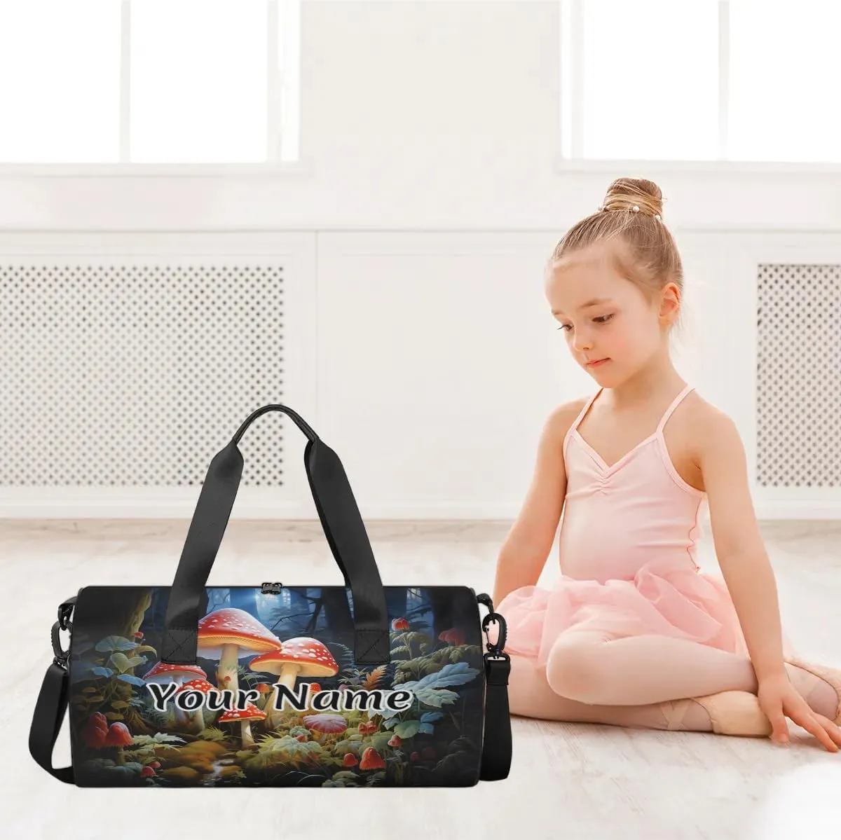 Personalized Duffel Bag for Women, Custom Mushroom Forest Gym Bag for Sports, Waterproof Dance Bag with Name, Lightweight Carryon Gym Bag, Fantasy Red Mushroom