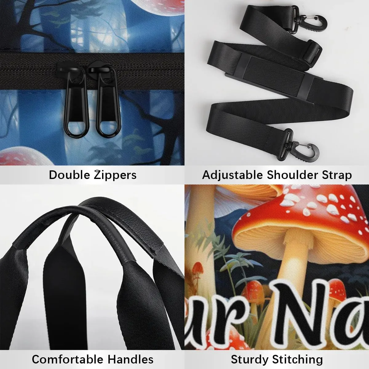 Personalized Duffel Bag for Women, Custom Mushroom Forest Gym Bag for Sports, Waterproof Dance Bag with Name, Lightweight Carryon Gym Bag, Fantasy Red Mushroom