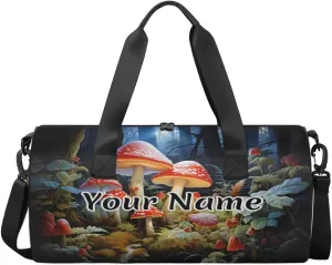 Personalized Duffel Bag for Women, Custom Mushroom Forest Gym Bag for Sports, Waterproof Dance Bag with Name, Lightweight Carryon Gym Bag, Fantasy Red Mushroom