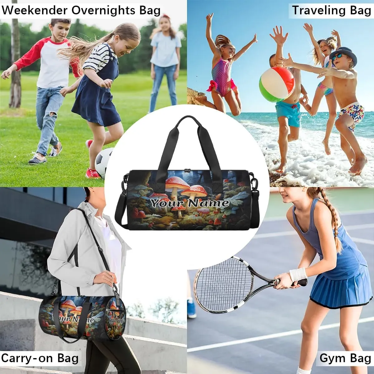 Personalized Duffel Bag for Women, Custom Mushroom Forest Gym Bag for Sports, Waterproof Dance Bag with Name, Lightweight Carryon Gym Bag, Fantasy Red Mushroom