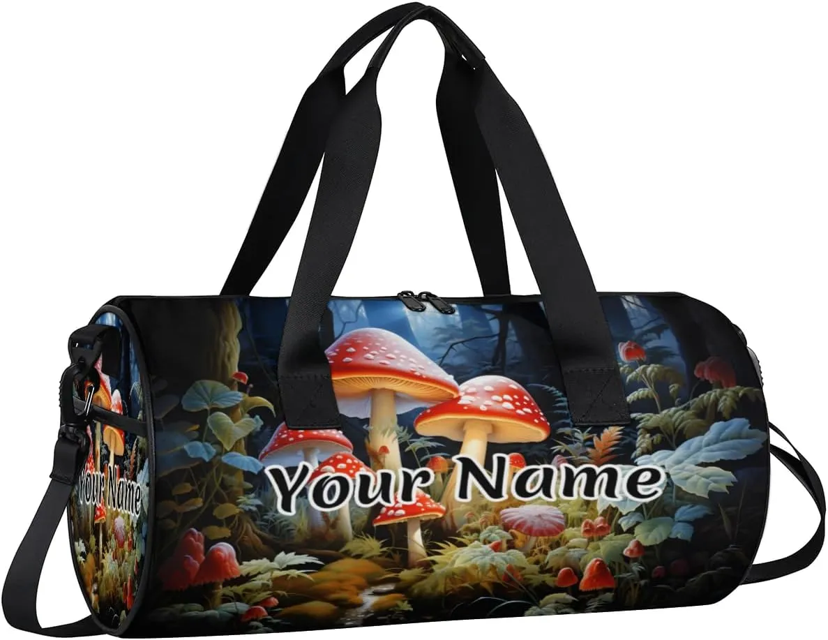 Personalized Duffel Bag for Women, Custom Mushroom Forest Gym Bag for Sports, Waterproof Dance Bag with Name, Lightweight Carryon Gym Bag, Fantasy Red Mushroom