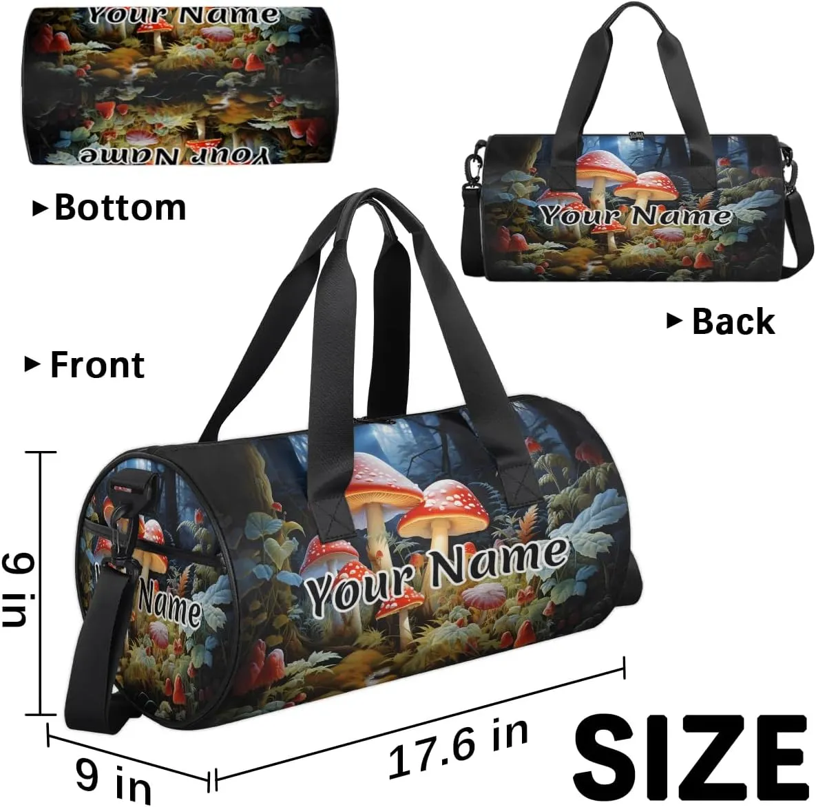 Personalized Duffel Bag for Women, Custom Mushroom Forest Gym Bag for Sports, Waterproof Dance Bag with Name, Lightweight Carryon Gym Bag, Fantasy Red Mushroom