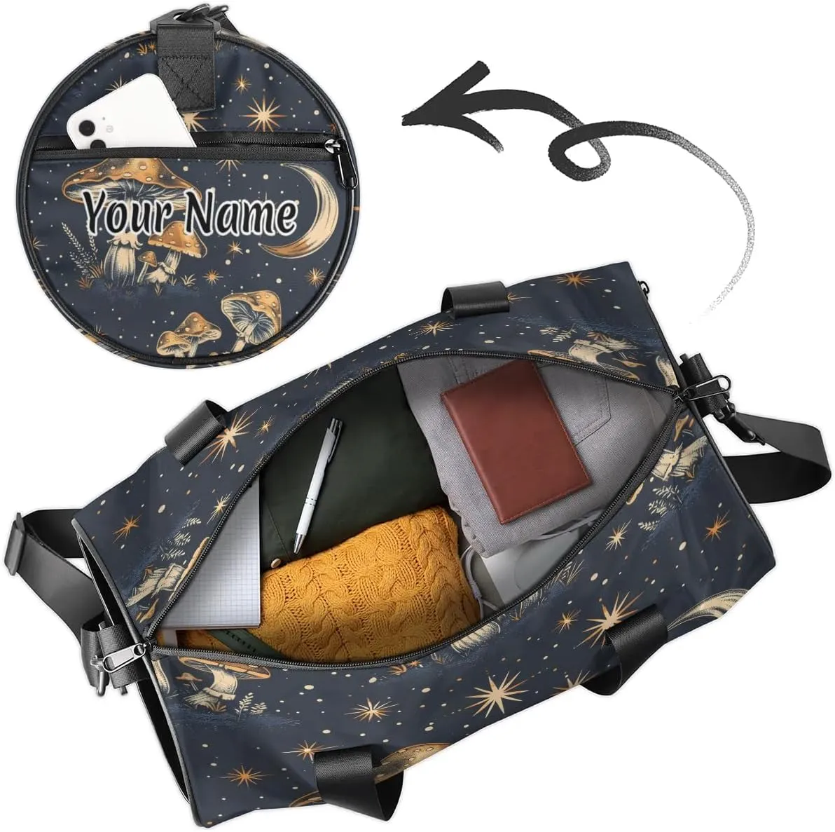Personalized Duffel Bag for Women, Custom Mushroom Moon Gym Bag for Sports, Waterproof Dance Bag with Name, Lightweight Carryon Gym Bag, Mushrooms