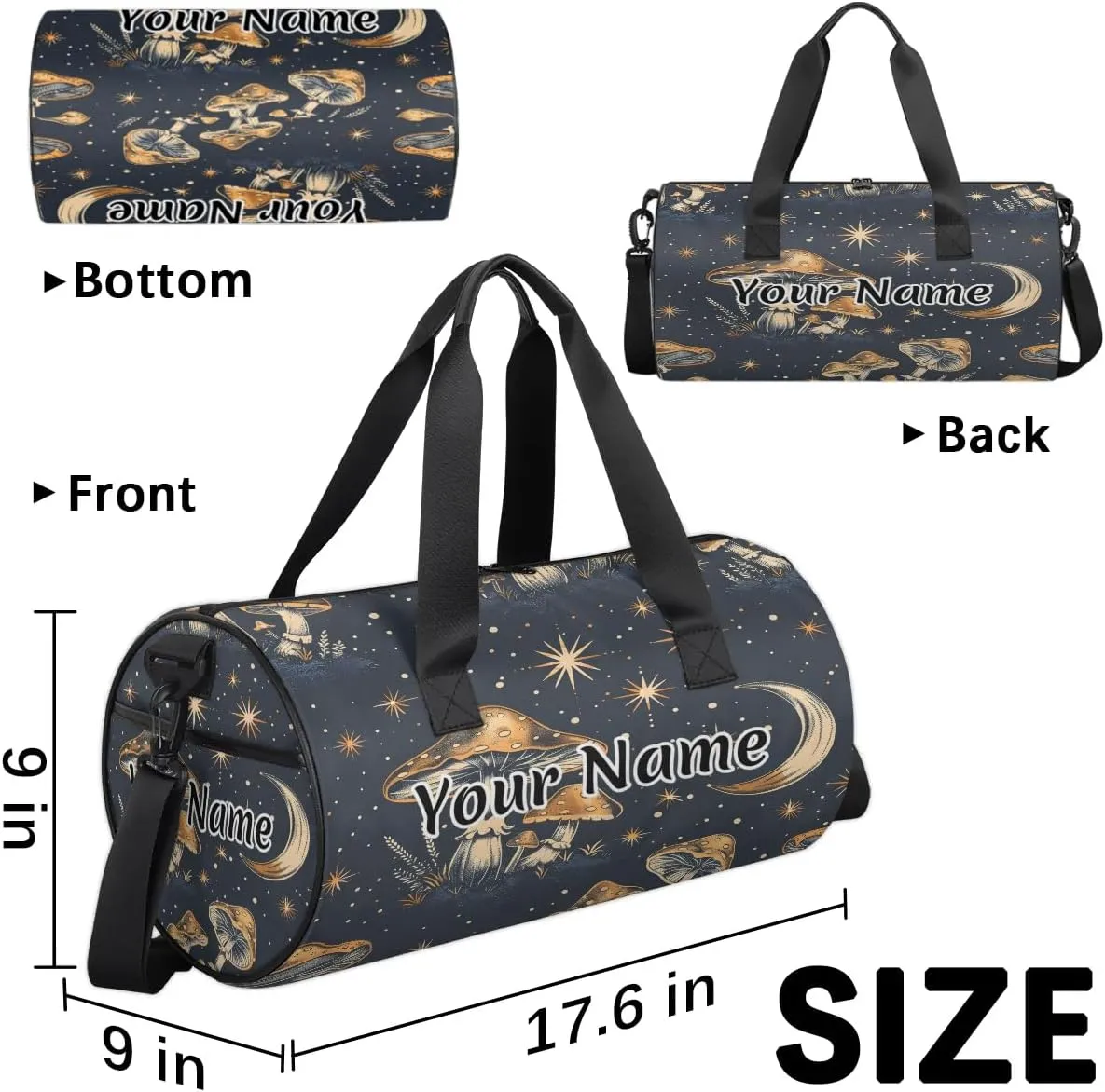 Personalized Duffel Bag for Women, Custom Mushroom Moon Gym Bag for Sports, Waterproof Dance Bag with Name, Lightweight Carryon Gym Bag, Mushrooms