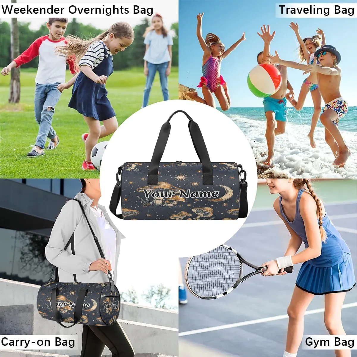 Personalized Duffel Bag for Women, Custom Mushroom Moon Gym Bag for Sports, Waterproof Dance Bag with Name, Lightweight Carryon Gym Bag, Mushrooms