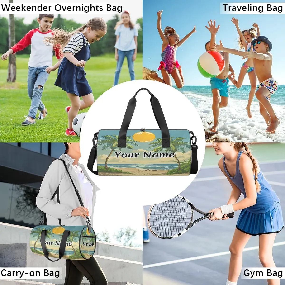 Personalized Duffel Bag for Women, Custom Palm Tree Gym Bag for Sports, Waterproof Dance Bag with Name, Lightweight Carryon Gym Bag, Ocean Sunrise
