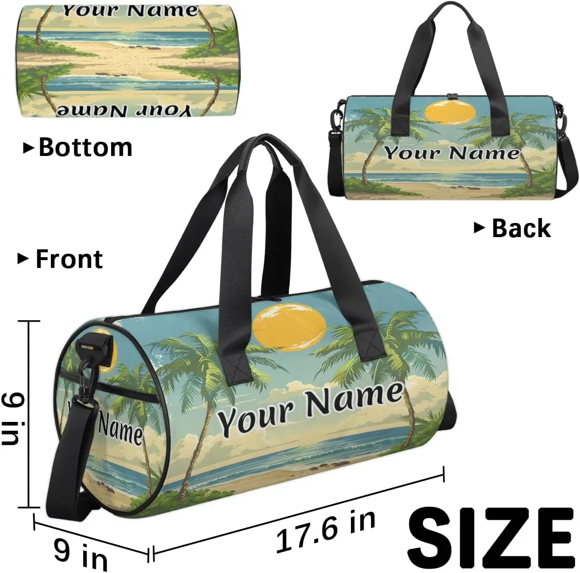 Personalized Duffel Bag for Women, Custom Palm Tree Gym Bag for Sports, Waterproof Dance Bag with Name, Lightweight Carryon Gym Bag, Ocean Sunrise