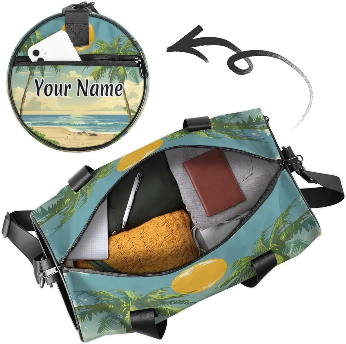 Personalized Duffel Bag for Women, Custom Palm Tree Gym Bag for Sports, Waterproof Dance Bag with Name, Lightweight Carryon Gym Bag, Ocean Sunrise