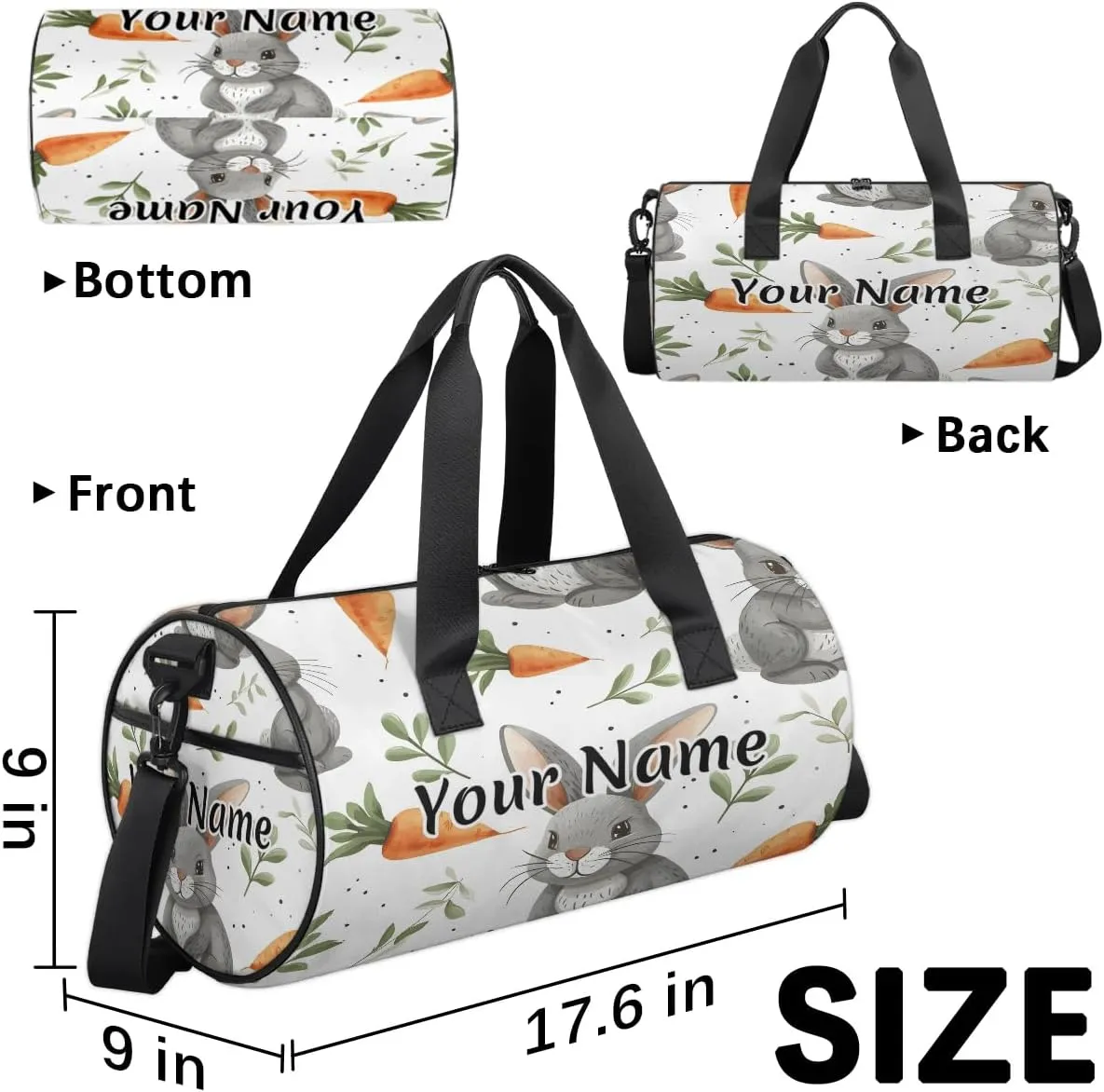 Personalized Duffel Bag for Women, Custom Rabbit Gym Bag for Sports, Waterproof Dance Bag with Name, Lightweight Carryon Gym Bag, Easter Day Rabbit Carrot