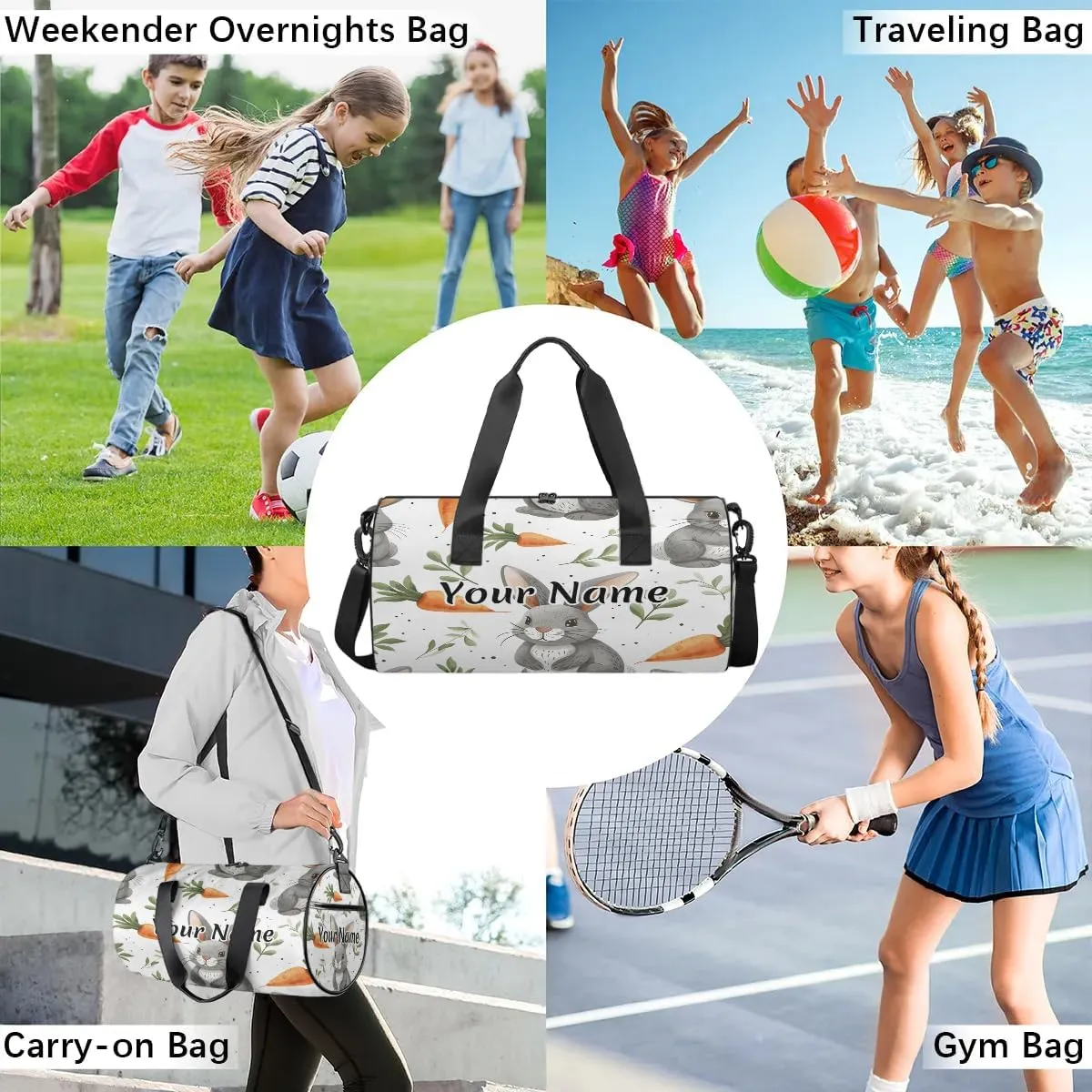 Personalized Duffel Bag for Women, Custom Rabbit Gym Bag for Sports, Waterproof Dance Bag with Name, Lightweight Carryon Gym Bag, Easter Day Rabbit Carrot