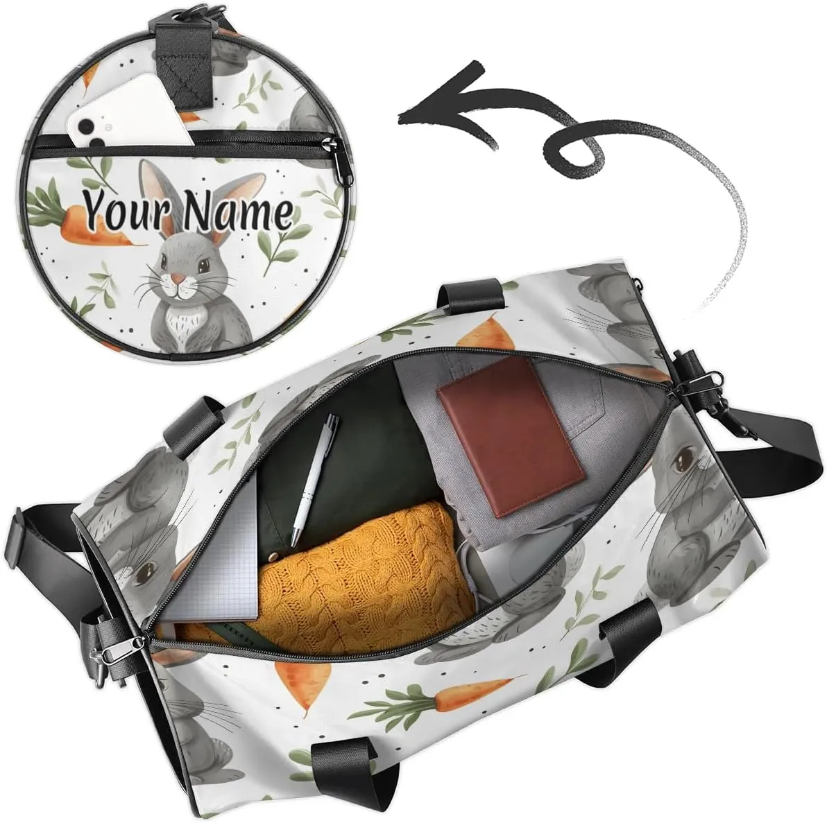 Personalized Duffel Bag for Women, Custom Rabbit Gym Bag for Sports, Waterproof Dance Bag with Name, Lightweight Carryon Gym Bag, Easter Day Rabbit Carrot