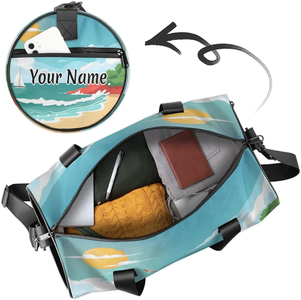 Personalized Duffel Bag for Women, Custom Sandy Shore Gym Bag for Sports, Waterproof Dance Bag with Name, Lightweight Carryon Gym Bag, Boho Ocean