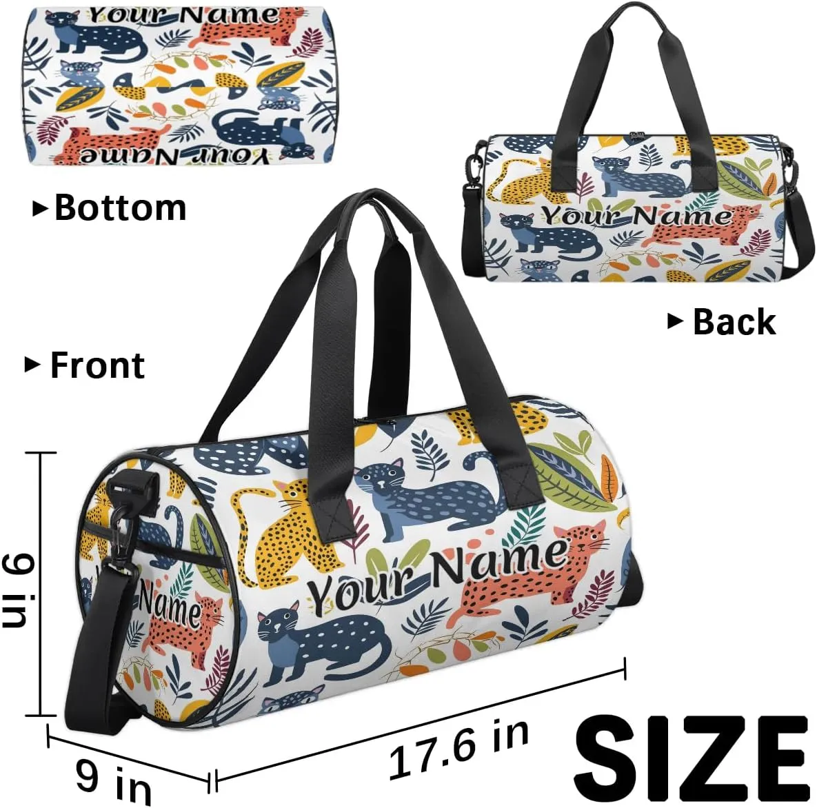 Personalized Duffel Bag for Women, Custom Tropical Palm Leave Leopard Gym Bag for Sports, Waterproof Dance Bag with Name, Lightweight Carryon Gym Bag, Leopards