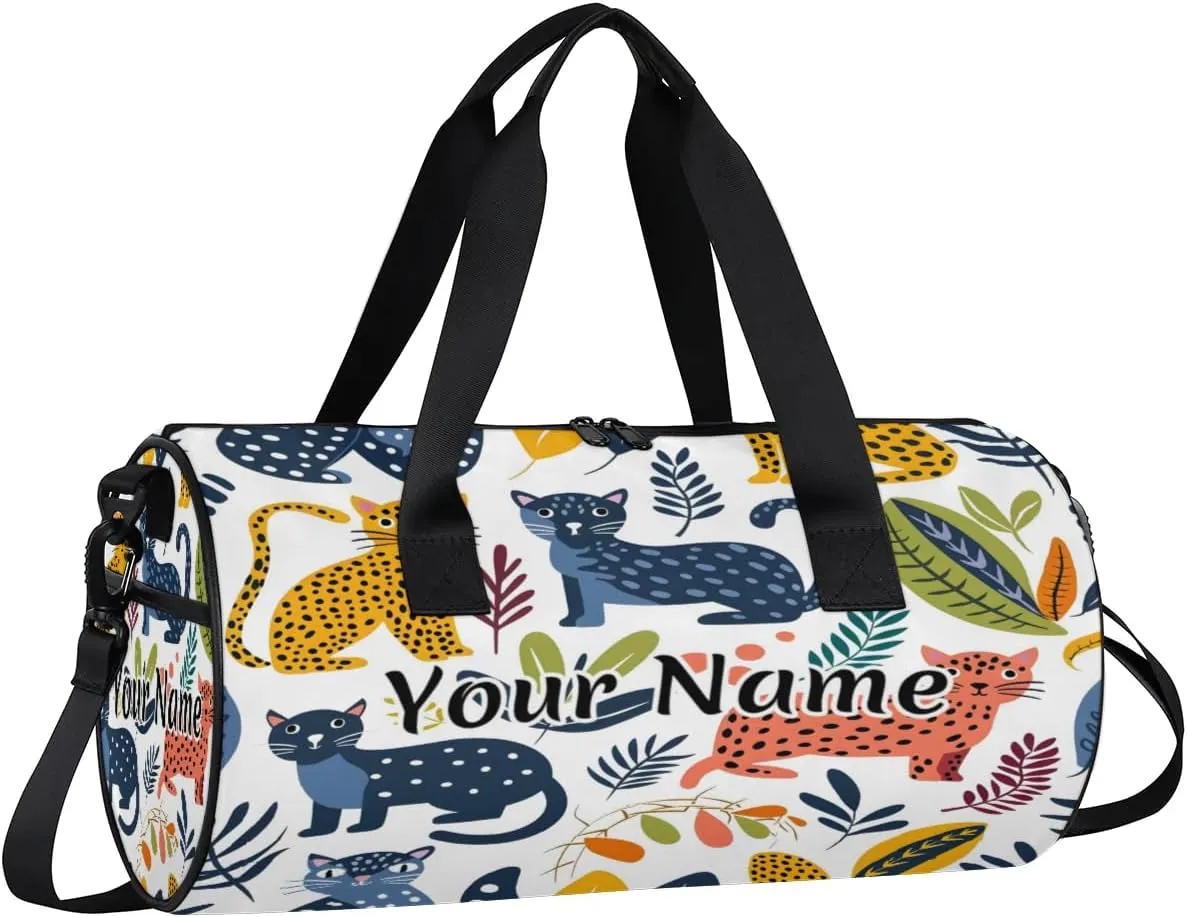 Personalized Duffel Bag for Women, Custom Tropical Palm Leave Leopard Gym Bag for Sports, Waterproof Dance Bag with Name, Lightweight Carryon Gym Bag, Leopards