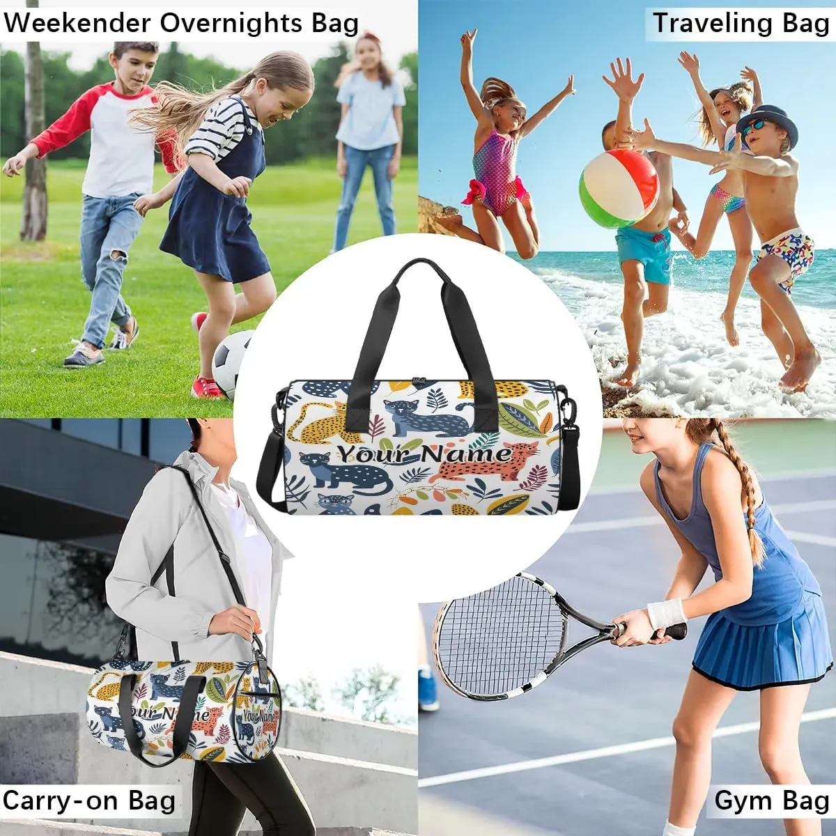 Personalized Duffel Bag for Women, Custom Tropical Palm Leave Leopard Gym Bag for Sports, Waterproof Dance Bag with Name, Lightweight Carryon Gym Bag, Leopards