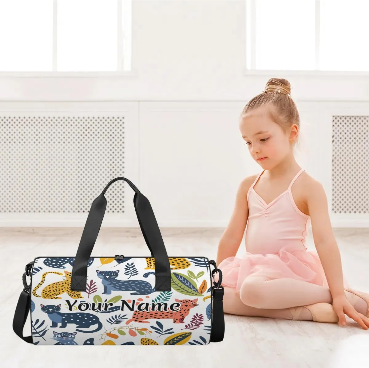 Personalized Duffel Bag for Women, Custom Tropical Palm Leave Leopard Gym Bag for Sports, Waterproof Dance Bag with Name, Lightweight Carryon Gym Bag, Leopards