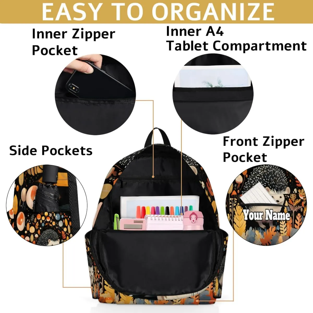 Personalized Hedgehog Preschool Toddler Backpack for Boys Girls Custom Kids Name Small Bookbags Kindergarten Elementary Backpack, Cute Hedgehog