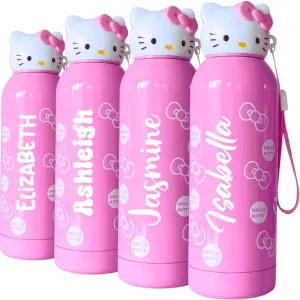 Personalized Hello Kitty 400 ml Insulated Water Bottle for Kids – Stainless Steel with 6-12h Heat Preservation with Sanrio Keychain (Pink)