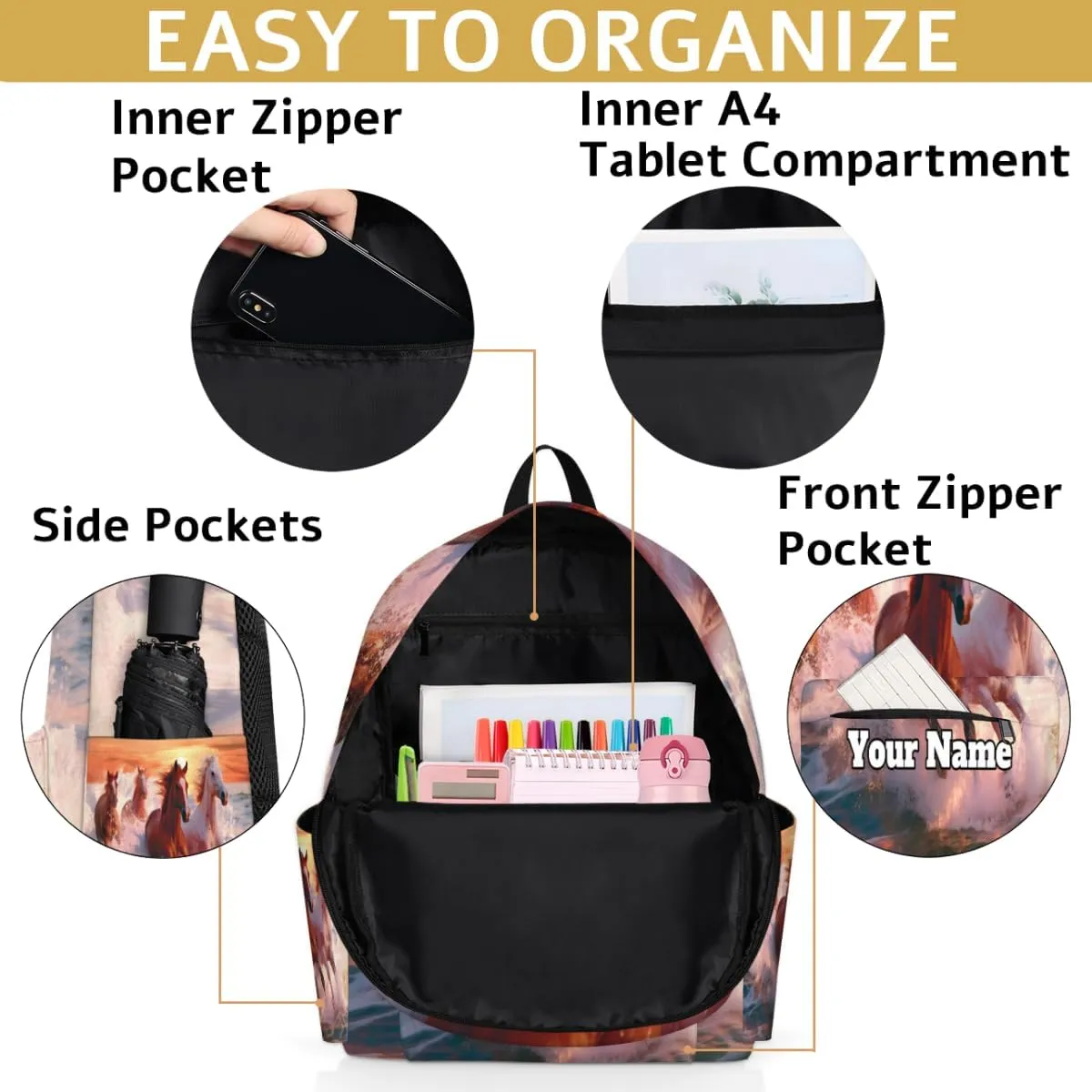 Personalized Horse Theme Preschool Toddler Backpack for Boys Girls Custom Kids Name Small Bookbags Kindergarten Elementary Backpack, Horse Running