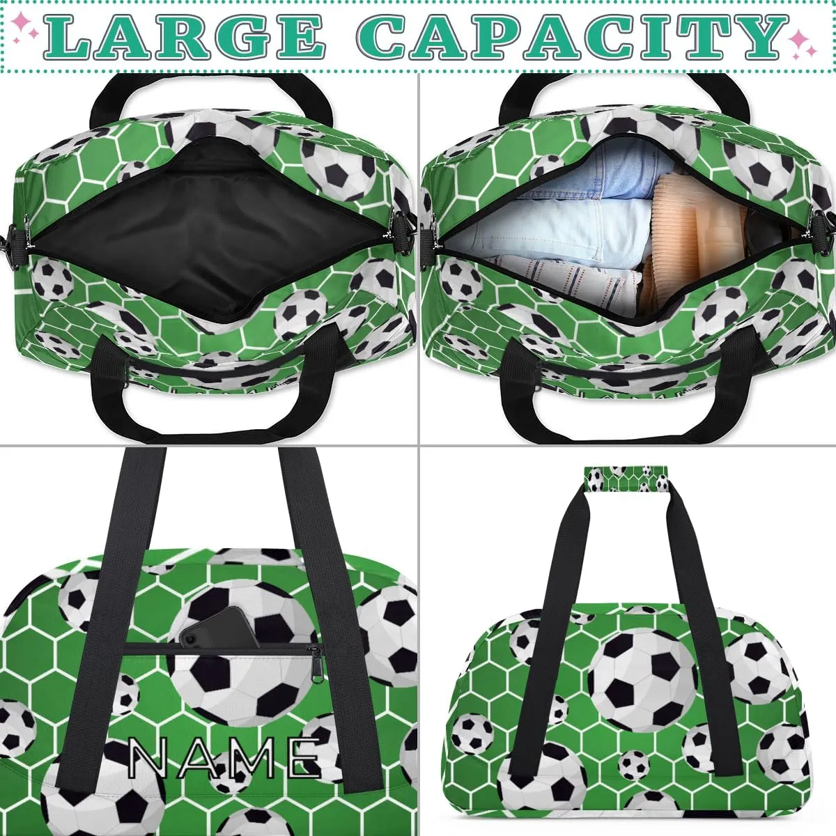 Personalized Kids Duffel Bag for Girls & Boys - Travel, Soccer, Sport Pattern - Custom Gym Overnight Weekender Tote Carry-On Teen Dance Bag