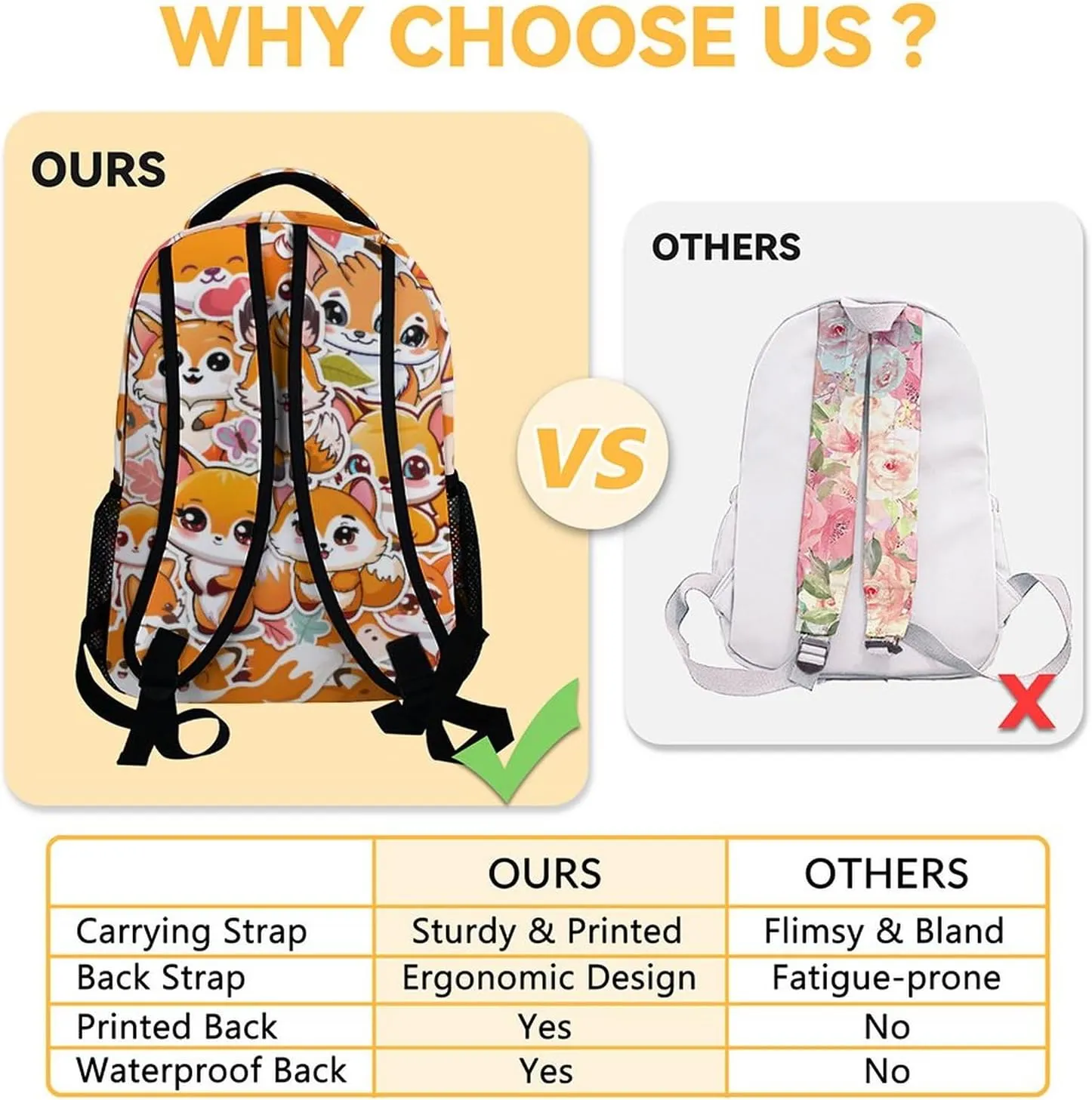 Personalized Kids School Backpack for Boys Girls, 16" Orange Fox Pattern Backpacks for School, Cute Large Capacity Bookbag for Preschool