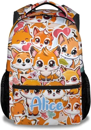 Personalized Kids School Backpack for Boys Girls, 16" Orange Fox Pattern Backpacks for School, Cute Large Capacity Bookbag for Preschool