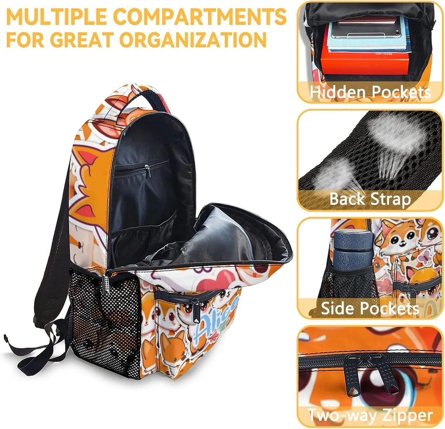 Personalized Kids School Backpack for Boys Girls, 16" Orange Fox Pattern Backpacks for School, Cute Large Capacity Bookbag for Preschool