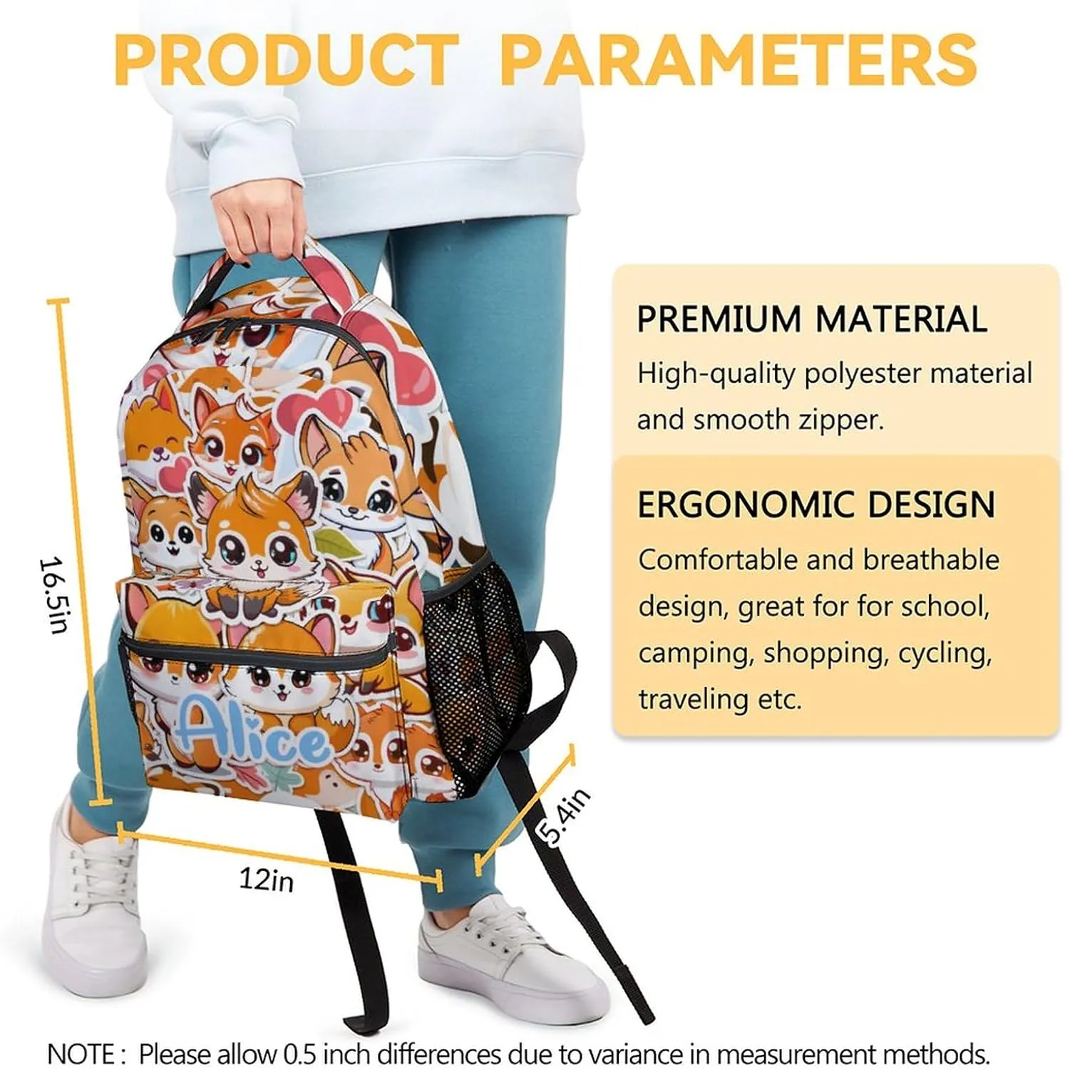 Personalized Kids School Backpack for Boys Girls, 16" Orange Fox Pattern Backpacks for School, Cute Large Capacity Bookbag for Preschool