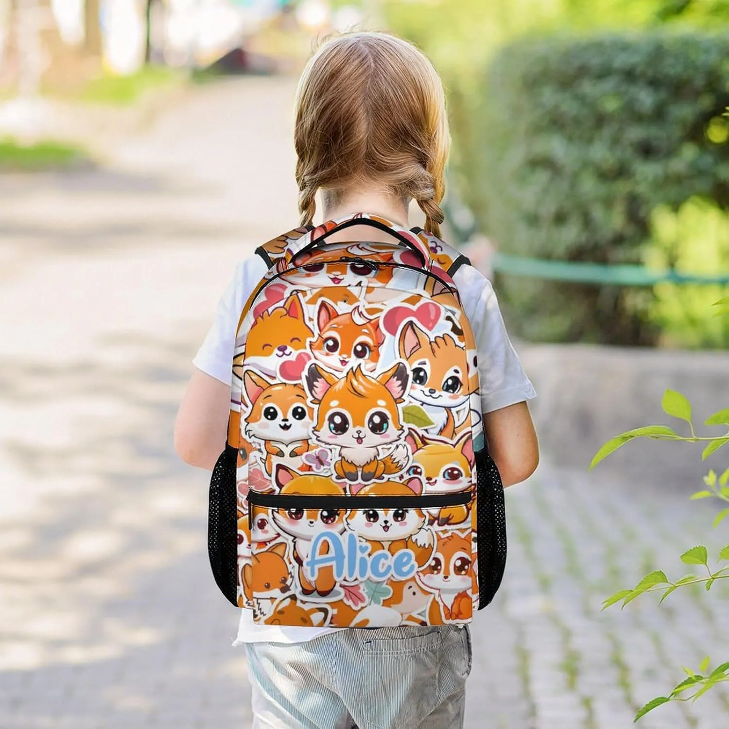 Personalized Kids School Backpack for Boys Girls, 16" Orange Fox Pattern Backpacks for School, Cute Large Capacity Bookbag for Preschool