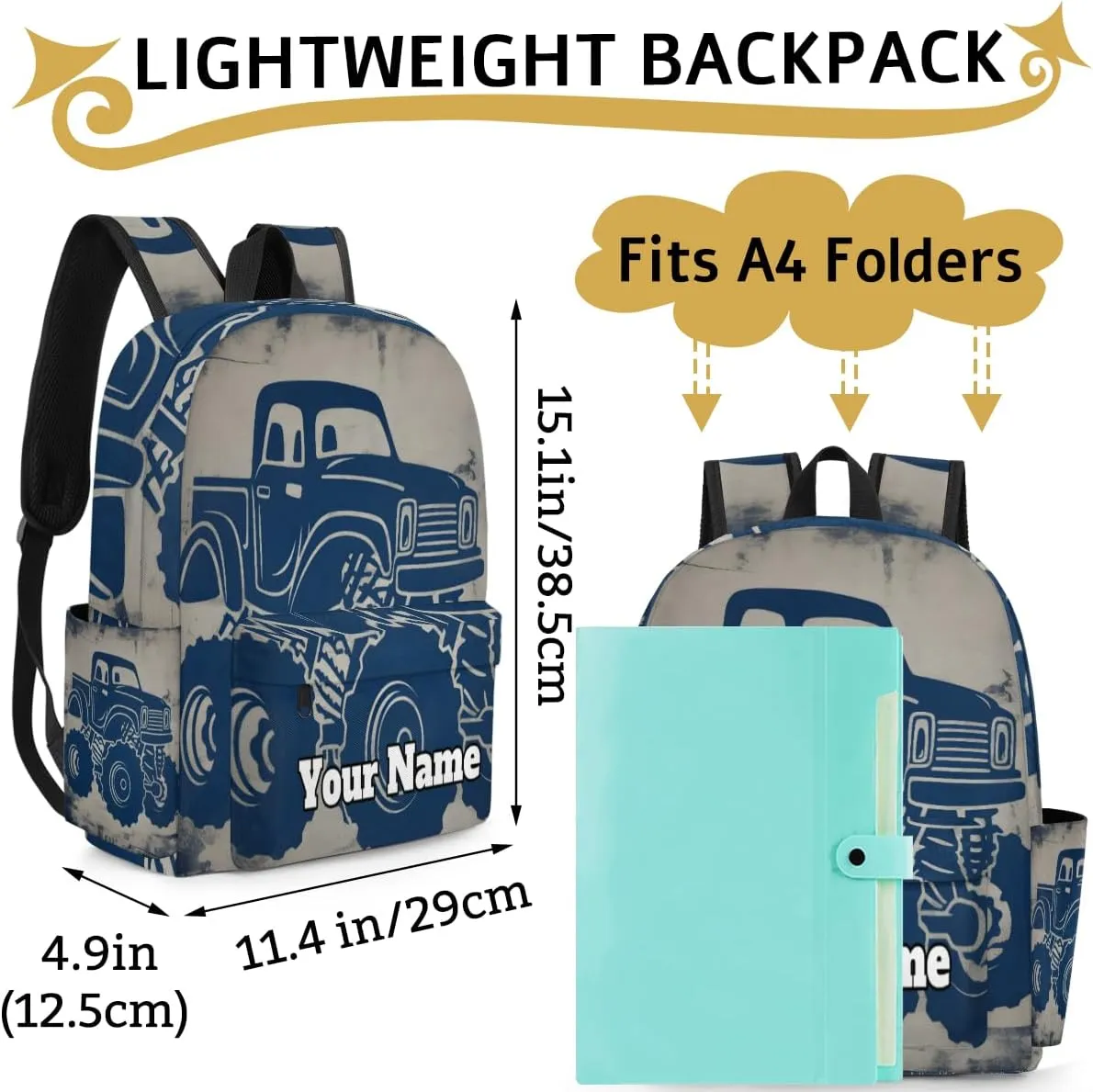 Personalized Monster Truck Preschool Toddler Backpack for Boys Girls Custom Kids Name Small Bookbags Kindergarten Elementary Backpack, Truck Car