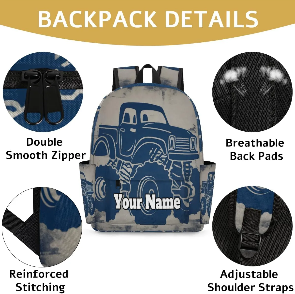 Personalized Monster Truck Preschool Toddler Backpack for Boys Girls Custom Kids Name Small Bookbags Kindergarten Elementary Backpack, Truck Car