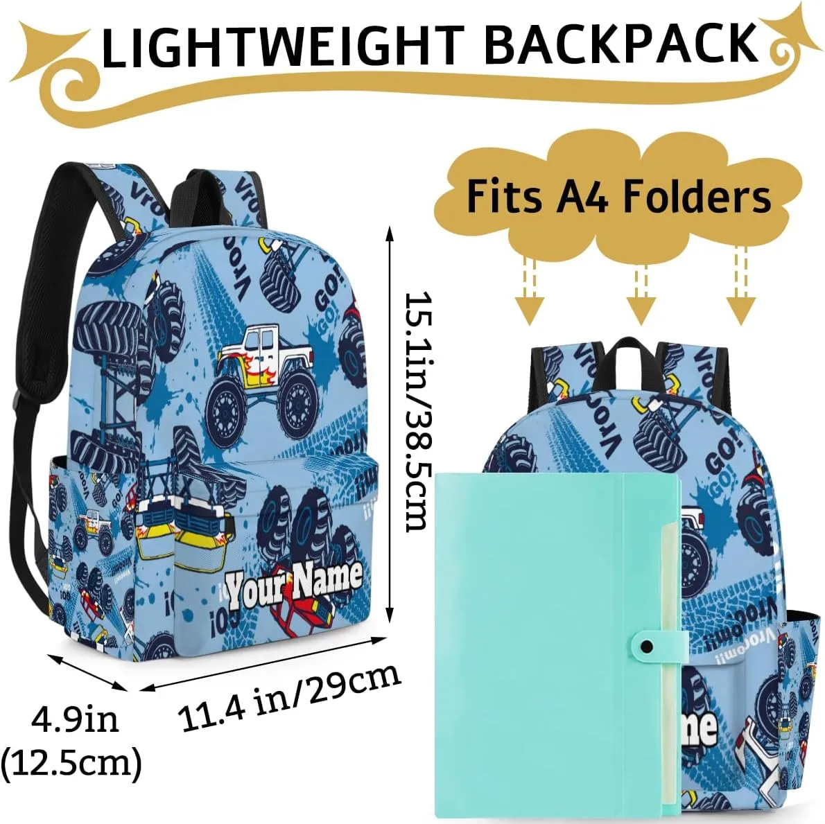 Personalized Monster Truck Preschool Toddler Backpack for Boys Girls Custom Kids Name Small Bookbags Kindergarten Elementary Backpack, Truck Cars