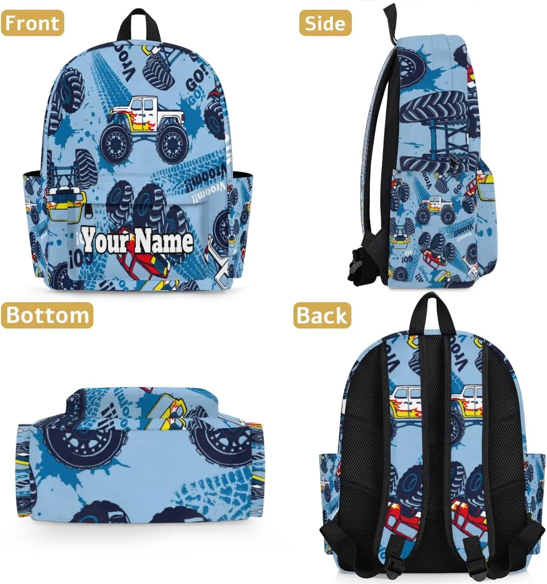 Personalized Monster Truck Preschool Toddler Backpack for Boys Girls Custom Kids Name Small Bookbags Kindergarten Elementary Backpack, Truck Cars