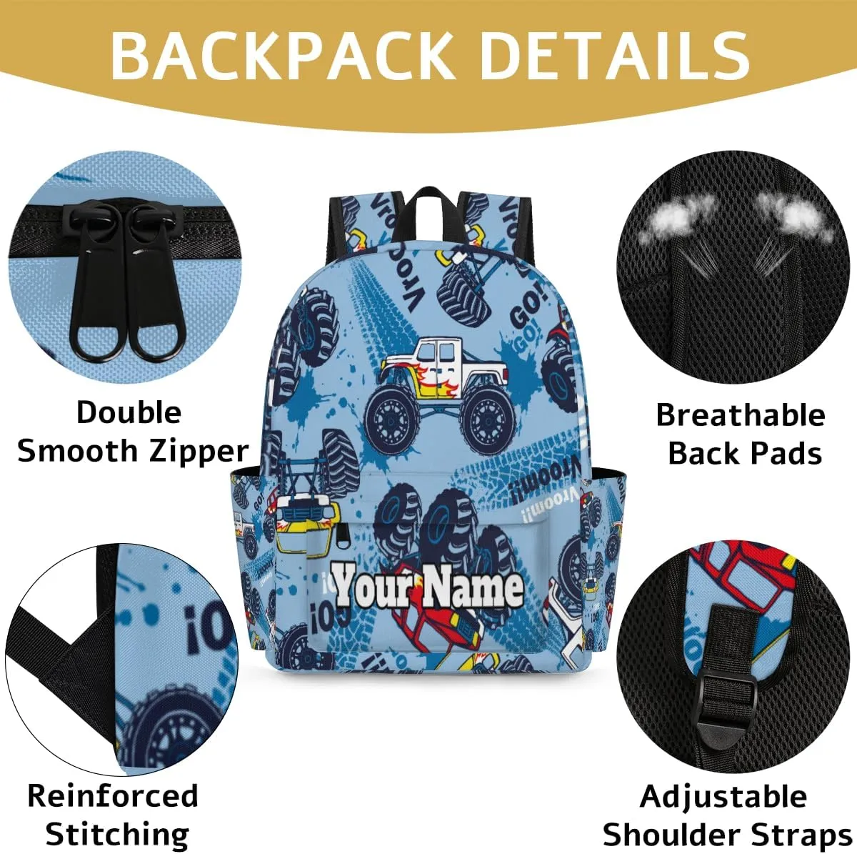Personalized Monster Truck Preschool Toddler Backpack for Boys Girls Custom Kids Name Small Bookbags Kindergarten Elementary Backpack, Truck Cars