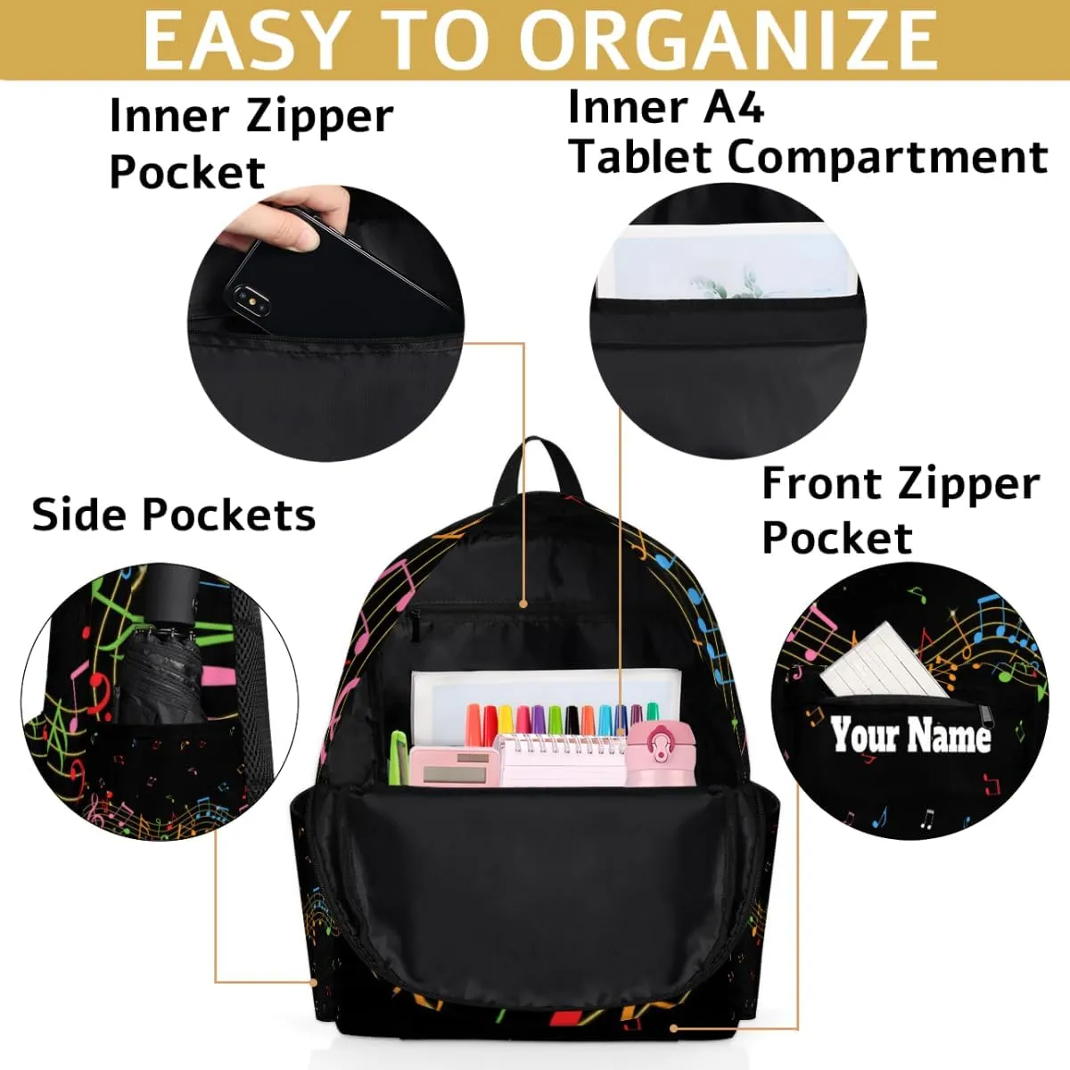 Personalized Music Note Preschool Toddler Backpack for Boys Girls Custom Kids Name Small Bookbags Kindergarten Elementary Backpack, Colorful Music