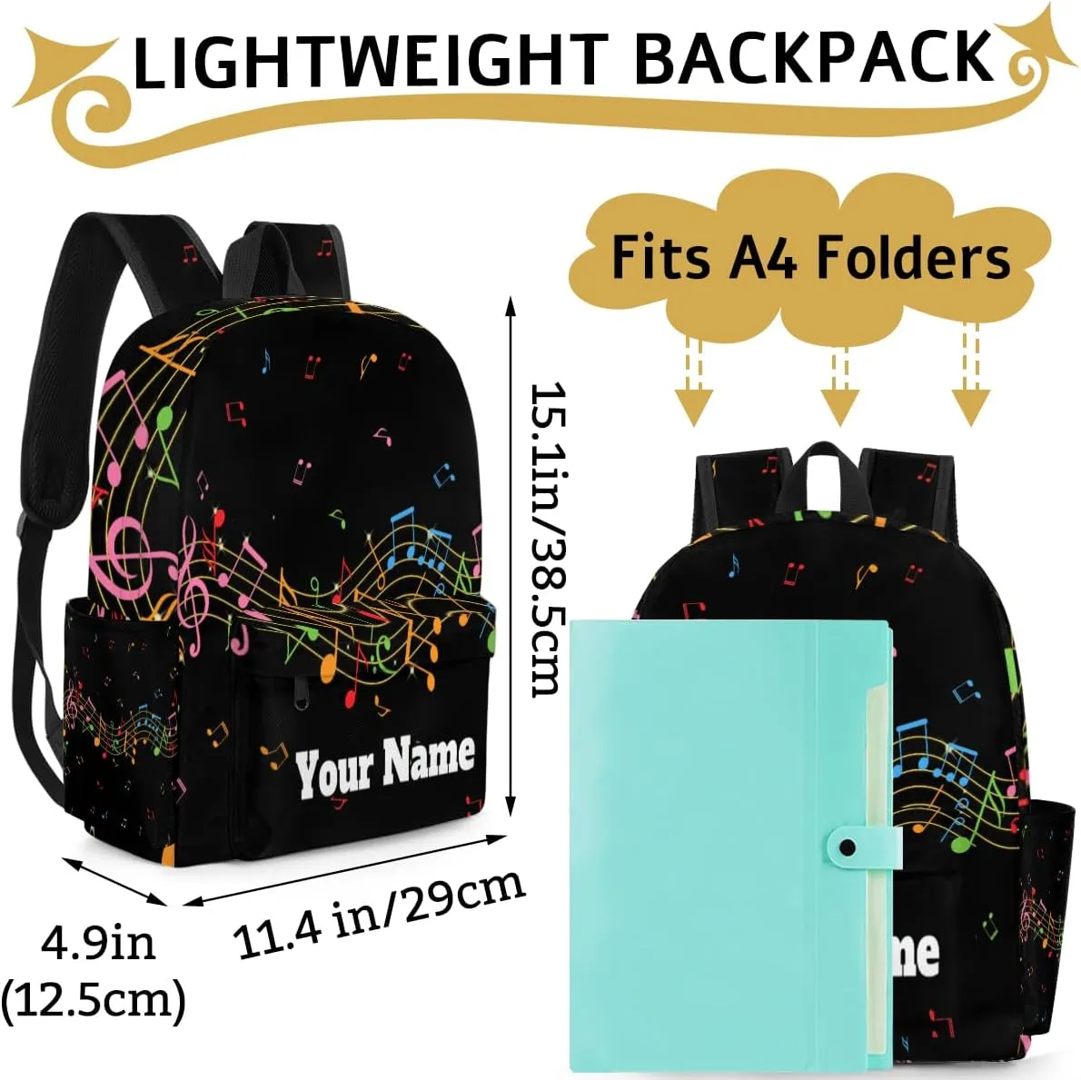 Personalized Music Note Preschool Toddler Backpack for Boys Girls Custom Kids Name Small Bookbags Kindergarten Elementary Backpack, Colorful Music