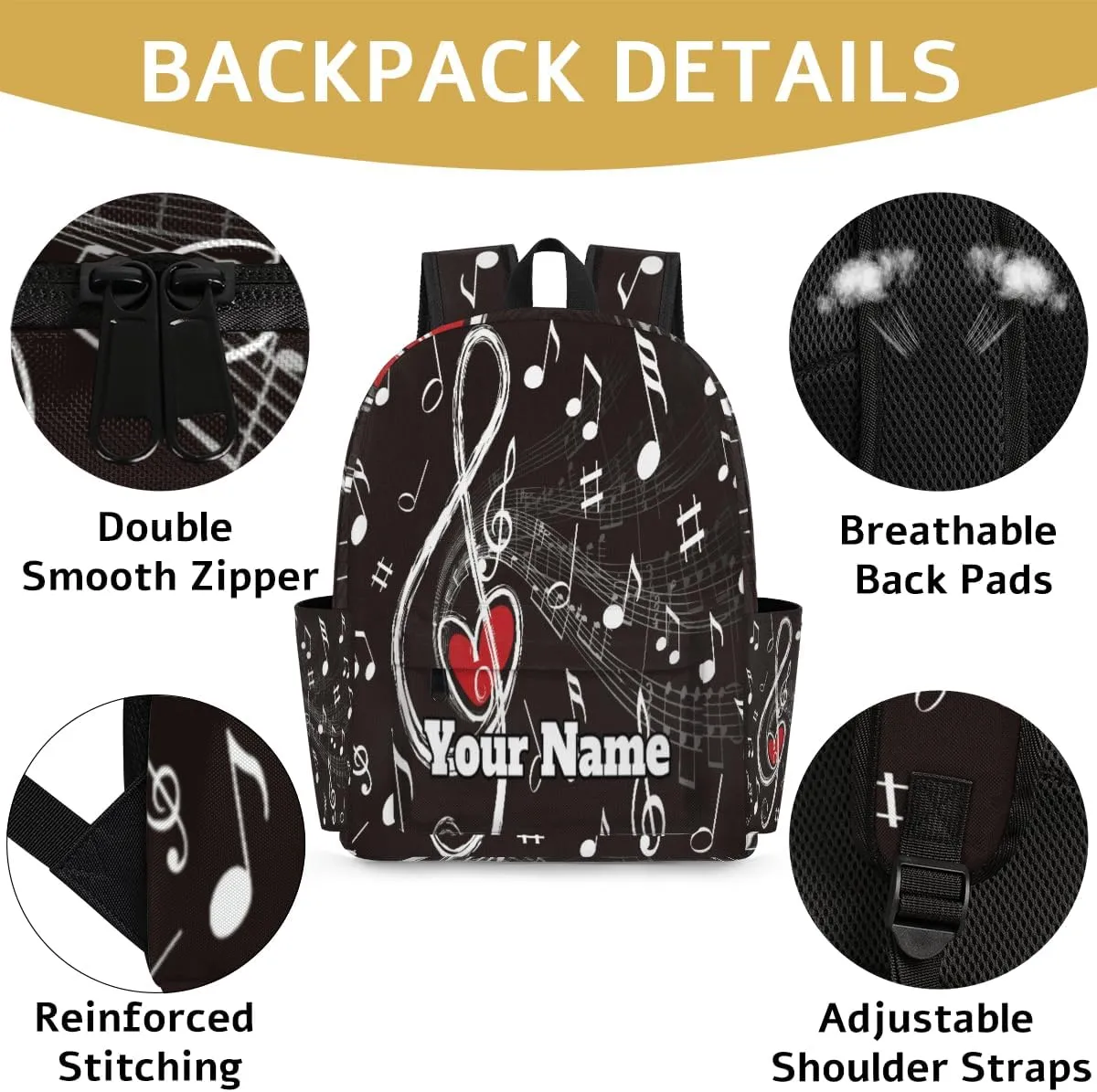 Personalized Music Themed Heart Preschool Toddler Backpack for Boys Girls Custom Kids Name Small Bookbags Kindergarten Elementary Backpack, Musical Note