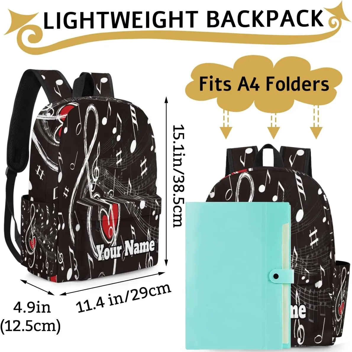 Personalized Music Themed Heart Preschool Toddler Backpack for Boys Girls Custom Kids Name Small Bookbags Kindergarten Elementary Backpack, Musical Note