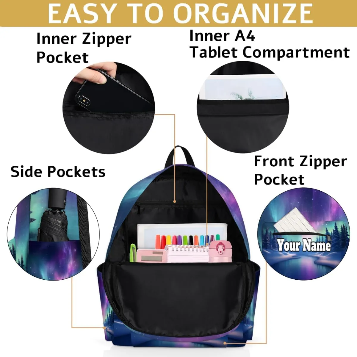 Personalized Northern Lights Aurora Preschool Toddler Backpack for Boys Girls Custom Kids Name Small Bookbags Kindergarten Elementary Backpack, Galaxy Aurora
