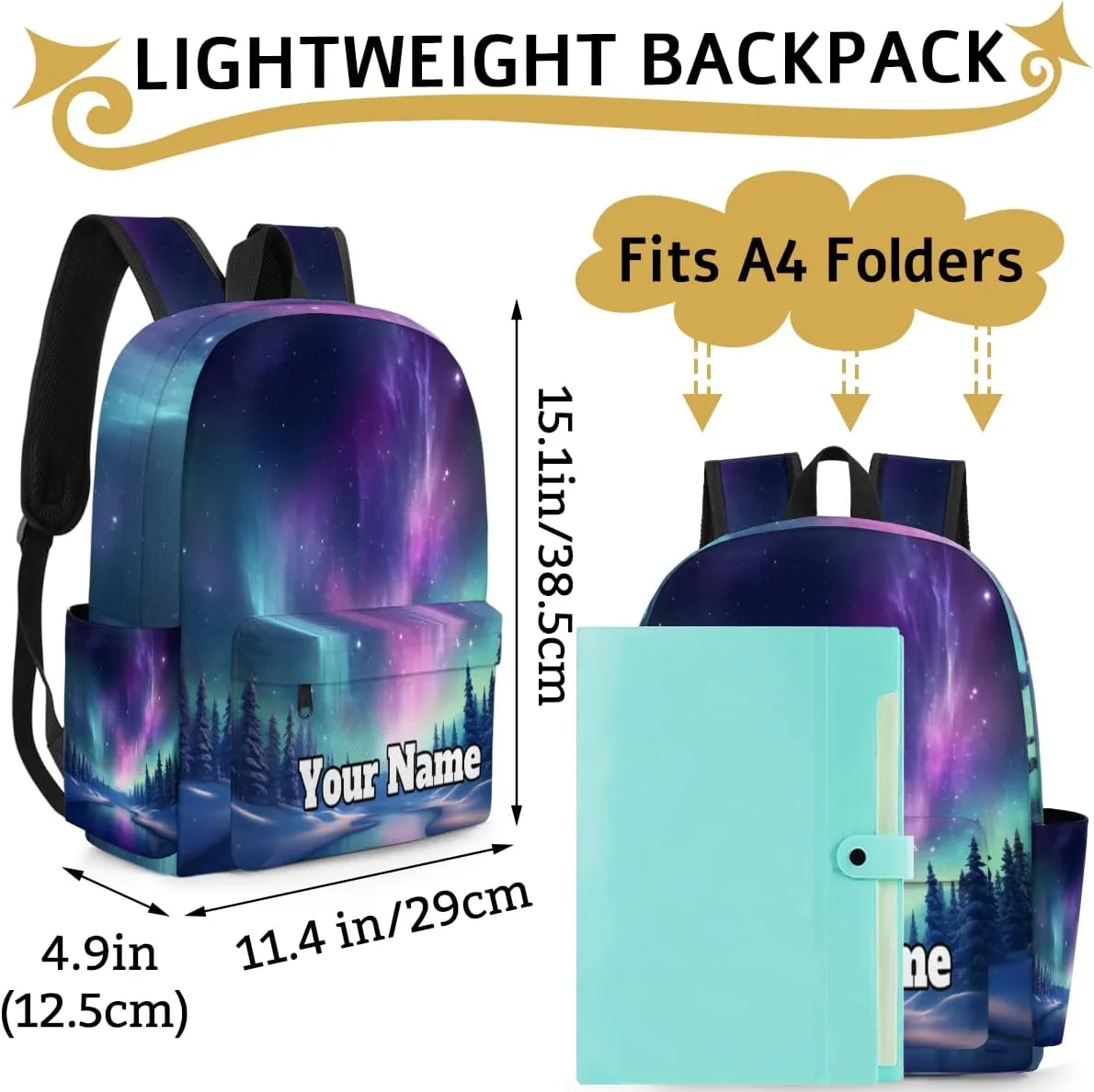 Personalized Northern Lights Aurora Preschool Toddler Backpack for Boys Girls Custom Kids Name Small Bookbags Kindergarten Elementary Backpack, Galaxy Aurora