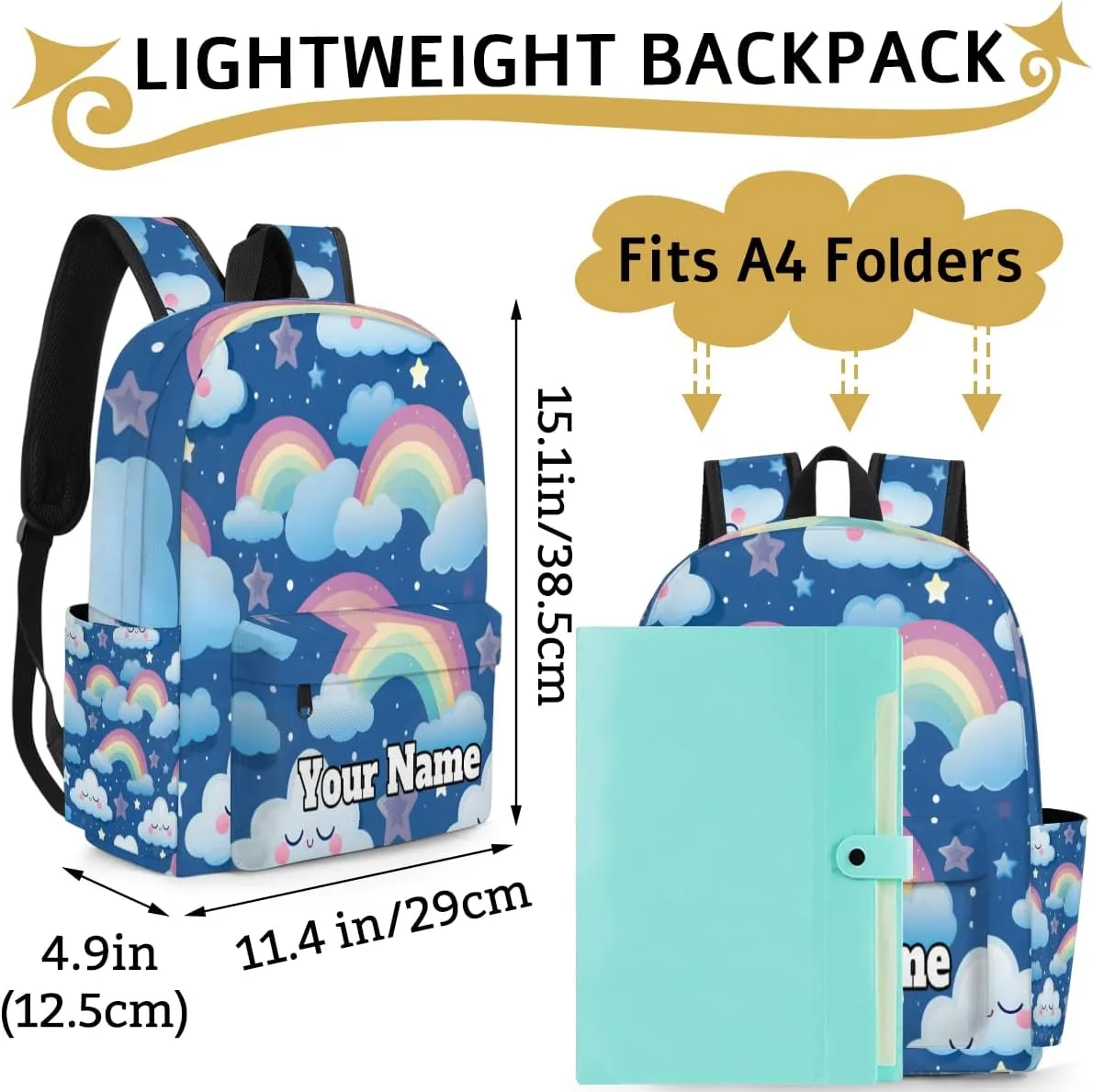 Personalized Rainbow Clouds Preschool Toddler Backpack for Boys Girls Custom Kids Name Small Bookbags Kindergarten Elementary Backpack, Cartoon Clouds