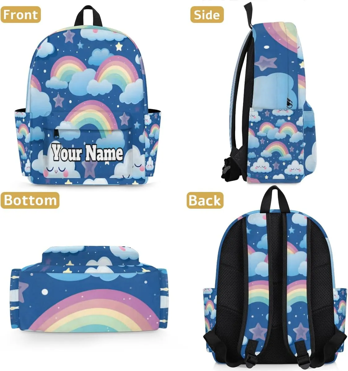 Personalized Rainbow Clouds Preschool Toddler Backpack for Boys Girls Custom Kids Name Small Bookbags Kindergarten Elementary Backpack, Cartoon Clouds