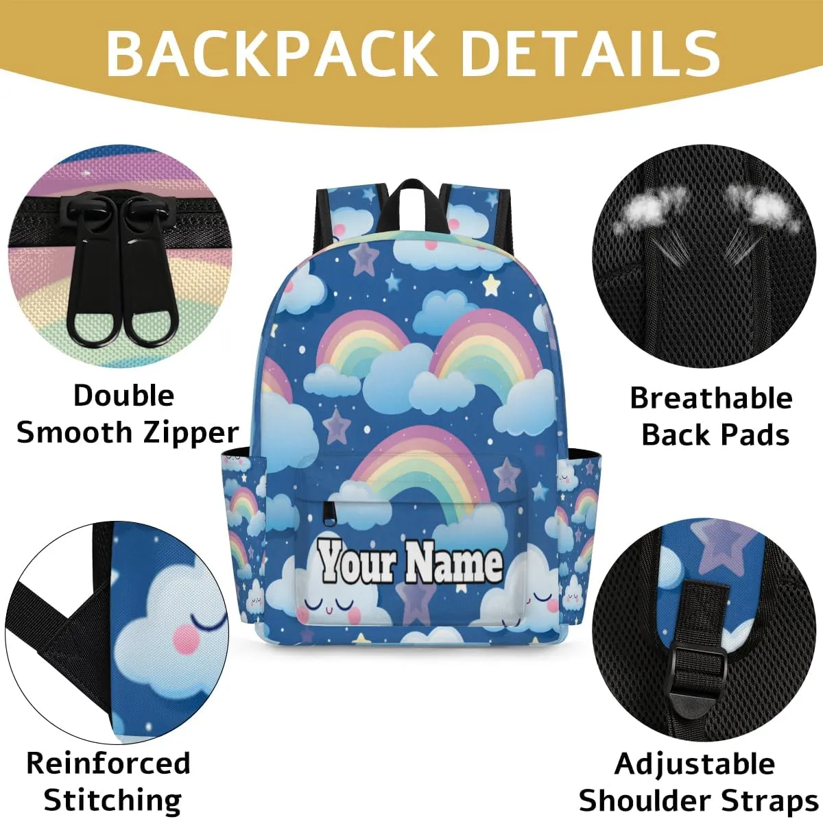 Personalized Rainbow Clouds Preschool Toddler Backpack for Boys Girls Custom Kids Name Small Bookbags Kindergarten Elementary Backpack, Cartoon Clouds